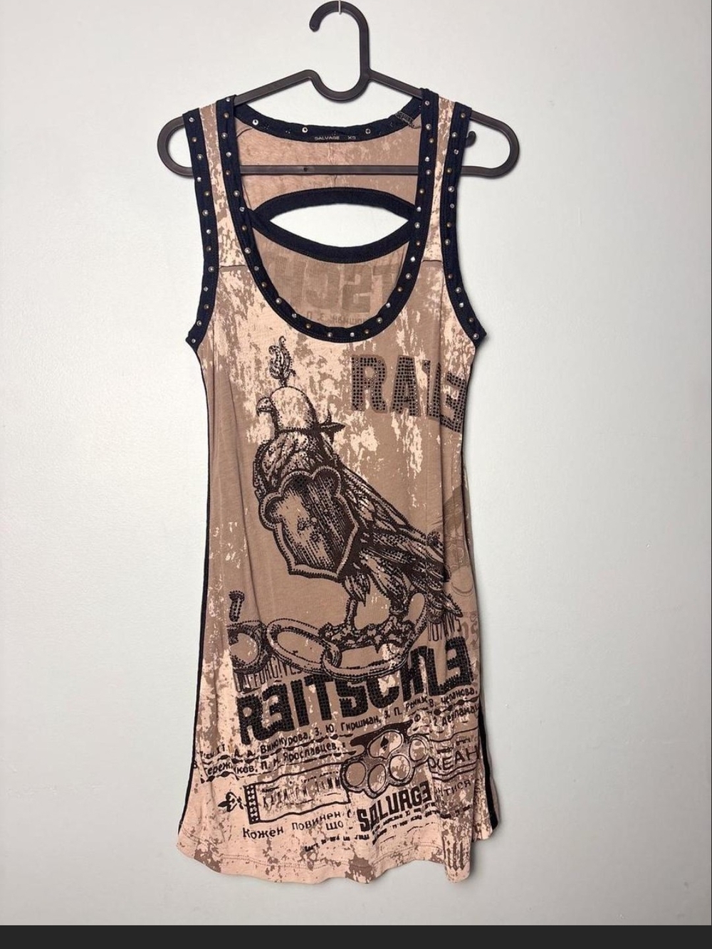 SALVAGE RARE Studded Black-Trim Graphic RAVENTank Top Dress -